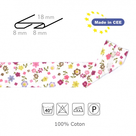 Biais fleuris coloris rose jaune. 100 % Coton. Fabriqué en Espagne.