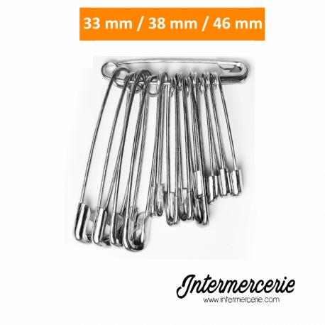 Epingles de sureté de tailles assorties : 33mm, 38mm, 46mm.