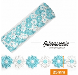 Guipure fleurs Blanc et turquoise