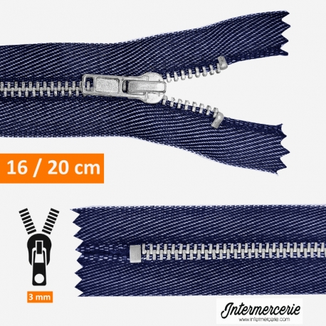 Fermeture éclair métal pantalon bleu jeans 16 à 25 cm