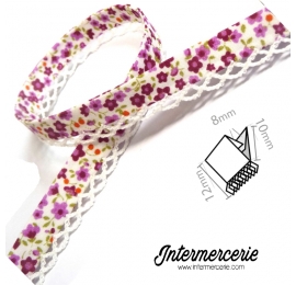 Biais picot liberty fond blanc fleurs roses, lilas et fuchsias