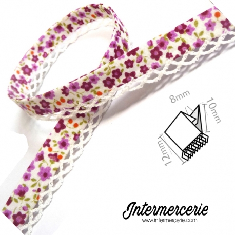 Biais picot liberty fond blanc fleurs roses, lilas et fuchsias