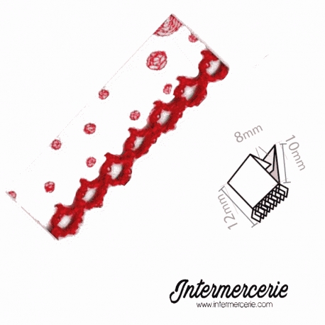 Biais picot dentelle rouge motif boule de fils rouge sur fond blanc